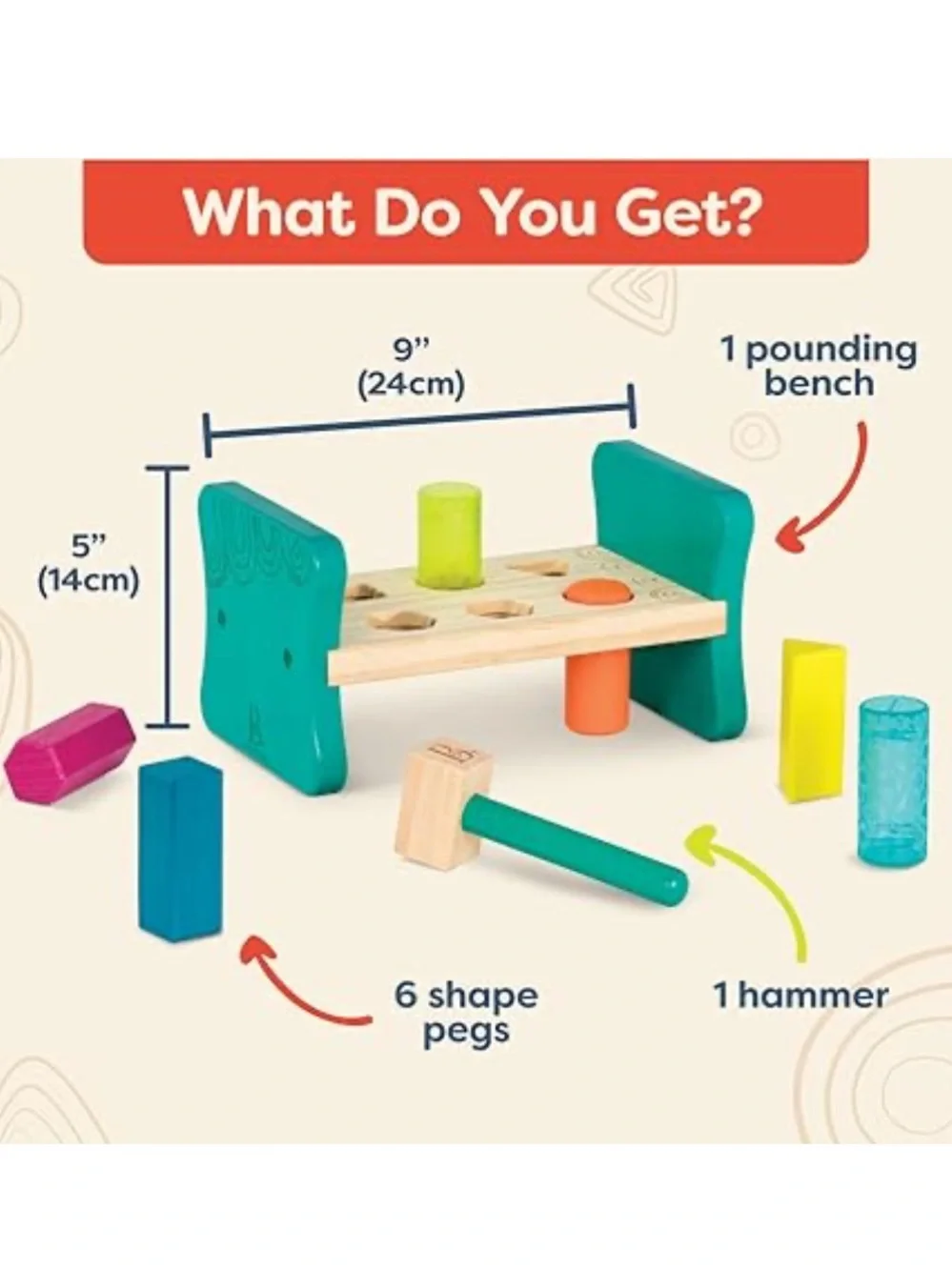 B Toys Wooden Shape Sorting Bench with Hammer and Pegs - NEW